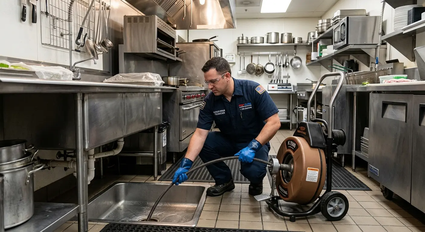 Commercial drain cleaning service in a restaurant kitchen in Berlin