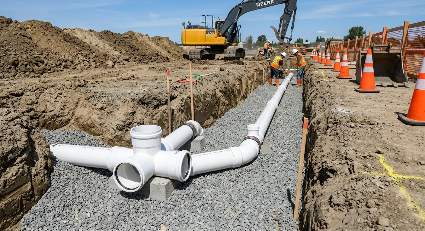 New PVC sewer pipe installation in open trench for Commercial Drain Cleaning in Berlin