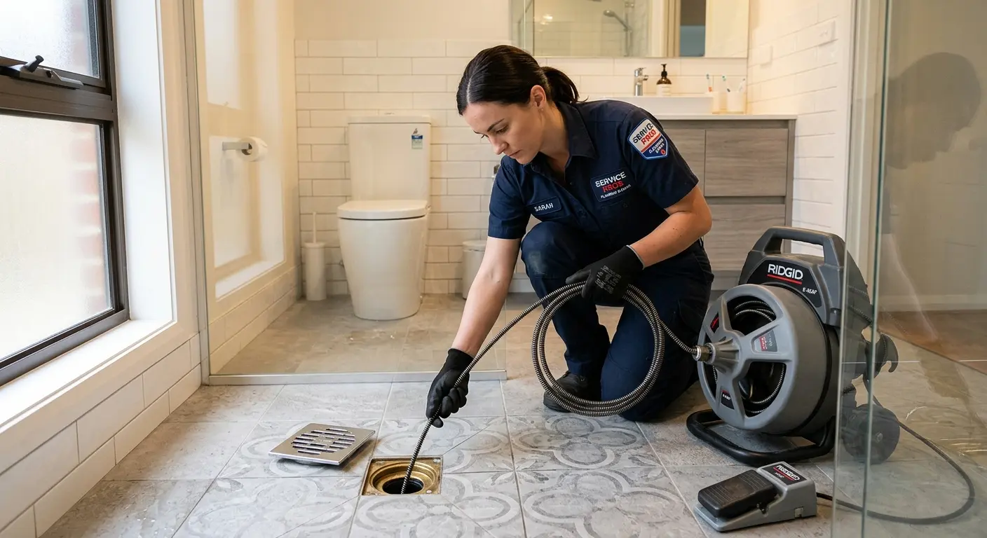 Technician clearing a bathroom floor drain for Drain Cleaning in Berlin